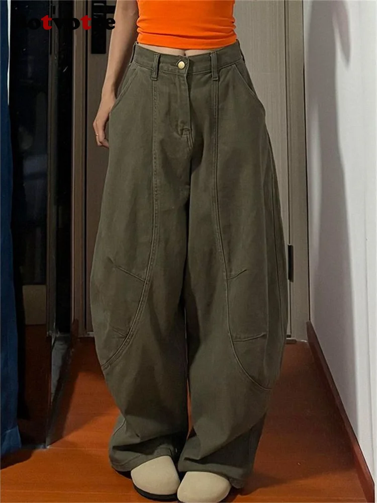 

Botvotee армейские зеленые джинсы Baggye для женщин, свободные винтажные длинные джинсовые брюки с высокой талией Y2k, женские модные уличные потертые джинсы