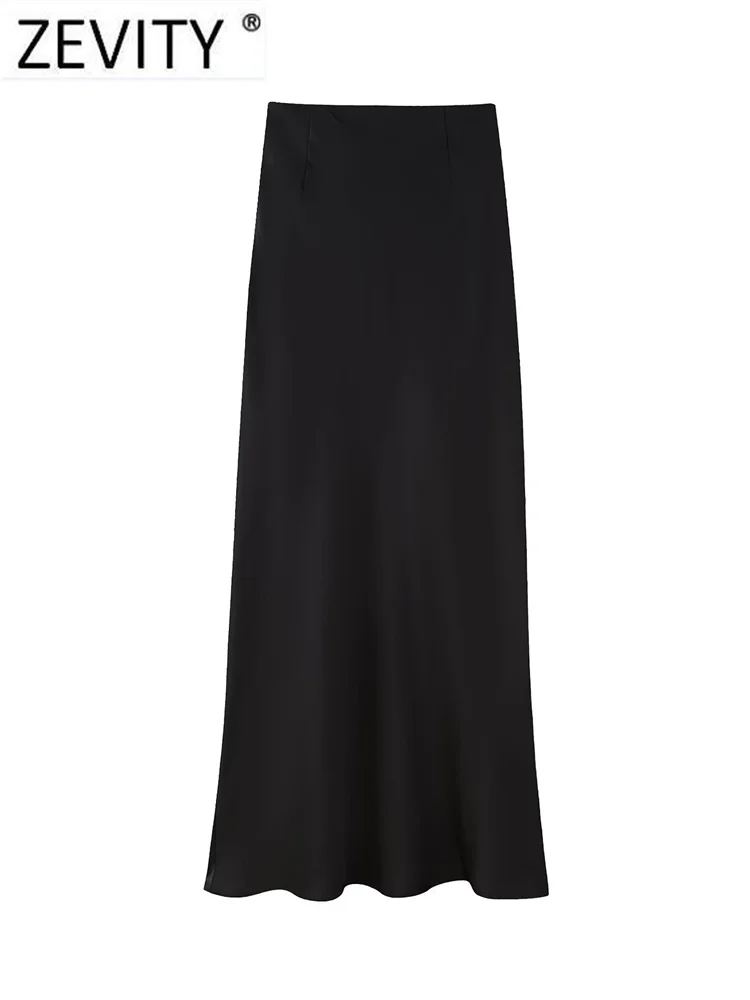 Zevity New Women Fashion Black Color Soft Satin A Line Long Skirt Faldas Mujer Female Chic Zipper Fly Casual Vestidos QUN294