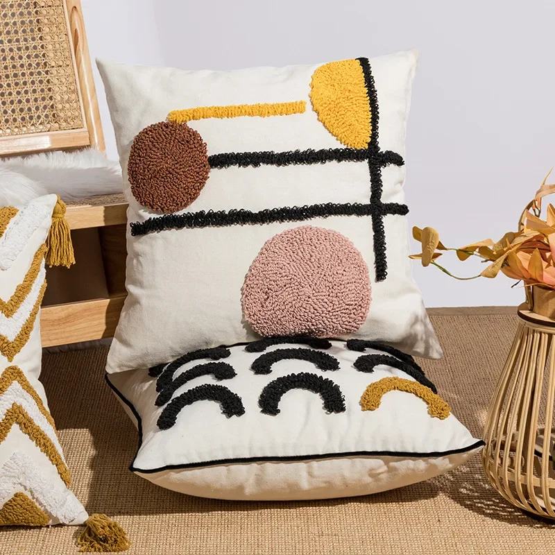 Boho Loop Tufte Cushion Cover Cotton Canvas Geometric Embroidery Decorative Pillow Cover for Sofa 45x45/30x50cm Throw Pillowcase image 2