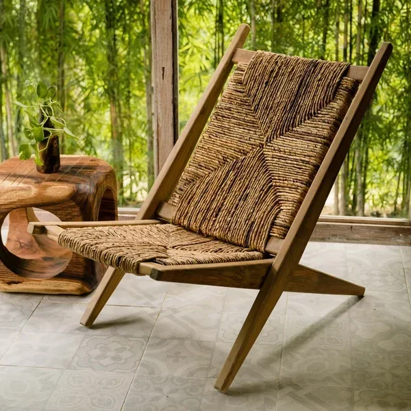 Outdoor solid wood woven rope folding solid wood garden chair