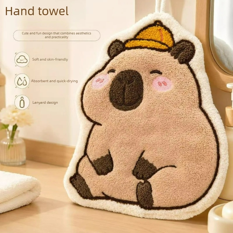 Cute Capybara Hanging Hand Towel, Reusable  Soft Coral Fleece Absorbent Hand Wipe Towel for Kitchen Bathroom Home Decoration