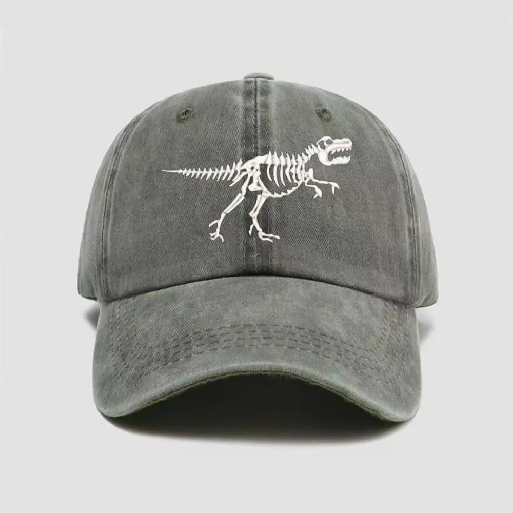 Washed Cotton Dinosaur Skeleton Printed Hat Adjustable Distressed Dinosaur Fossil Hat Curved Brim Dad Hat Baseball Cap