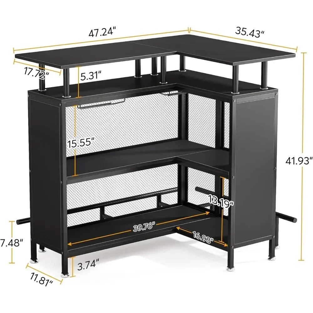 Bar Unit, L-Shaped Bar Table with Stemware Racks and 2-Tier Shelves, Corner Mini Coffee Liquor Cabinet with Footrest