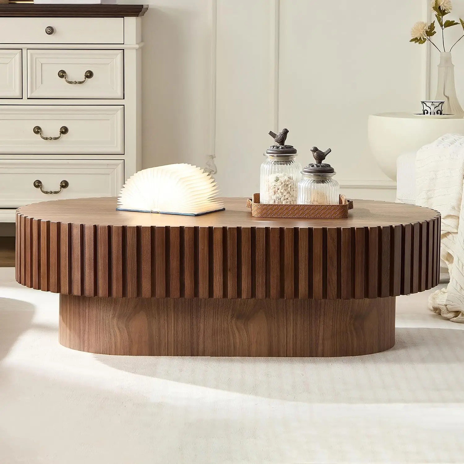 Oval Fluted Coffee Table Pedestal Modern Handcrafted Centre Living Room 43.7