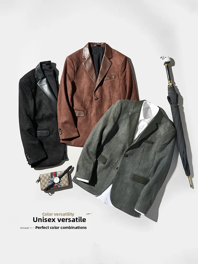 

Мужской повседневный костюм из замши в стиле пэчворк, приталенный, высококачественный, для осенне-зимнего сезона, модный, городской стиль