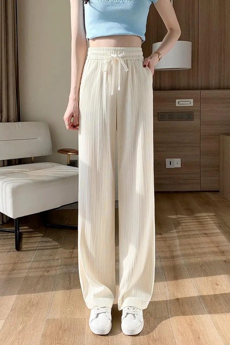 

Summer Ice Slik Pants Wide Leg Pant Loose Women High Waist Thin Pantalones Straight Sweatpants Soft Trousers Vertical Stripe