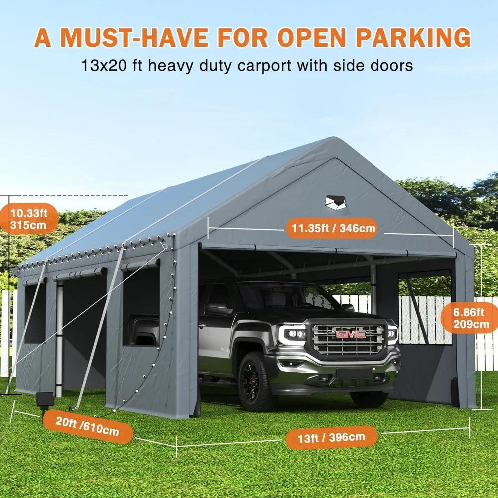 Carports 13X20 Heavy Duty，Portable Car Port Garage，Carport Canopy with Side Doors，Outdoor Car Shelter All Weather