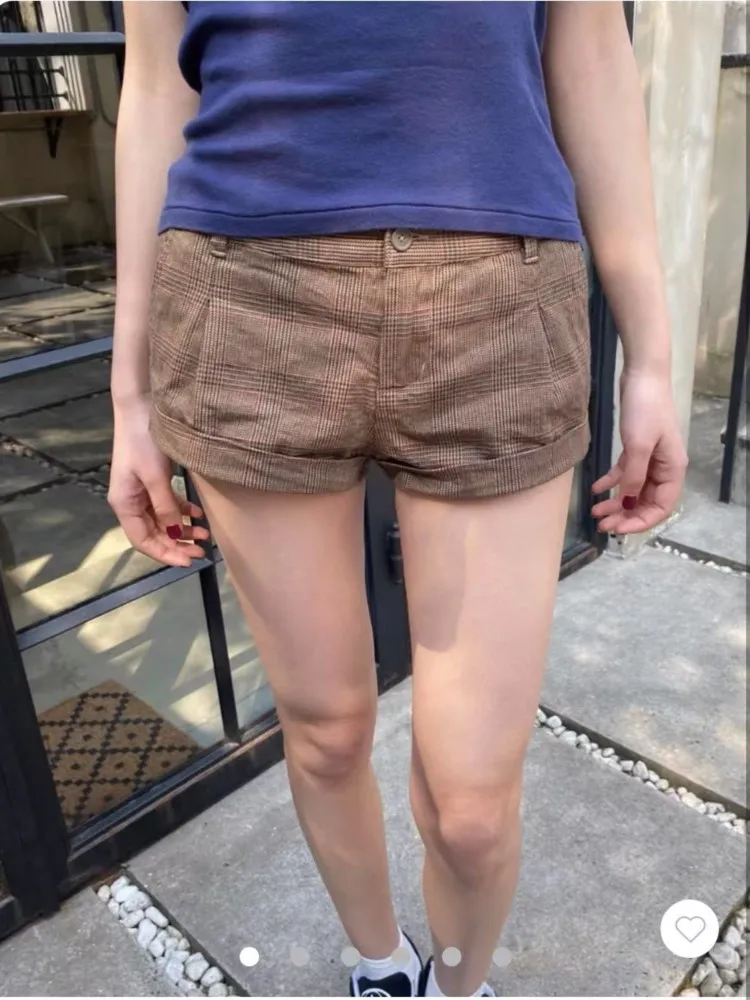 Retro marrom xadrez botão shorts feminino verão algodão casual solto elástico de cintura alta calças curtas vintage estilo preppy sweatshort