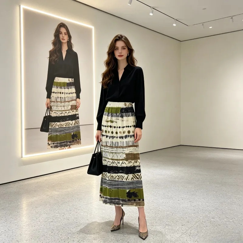 Miyake Pleated 2026 Design Printed Pleated Skirt Elegant Versatile Slimming Mid-Length Skirt for Women New Summer Style Pleat