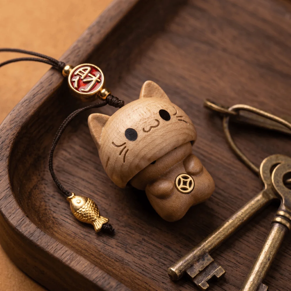 Cartoon Beech Wooden Cat Phone Chain Cute Hand-carved Bag Charm Creative Movable Car Hanging Ornament Gift Idea
