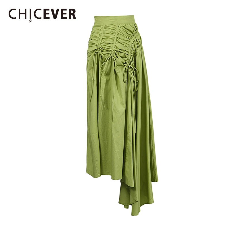 

CHICEVER Green Spliced Drawstring Basics Skirt Female High Waist Loose Irregular Women's Long Skirts Autumn Style Fashion New