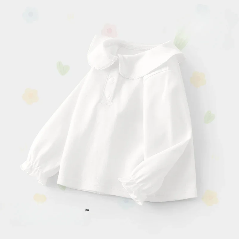

2025 Girls White Pure Cotton Collar Shirt Kids Layering Top Baby Cute Kids Clothes for Toddler Long Sleeve Shirt Solid T-Shirt
