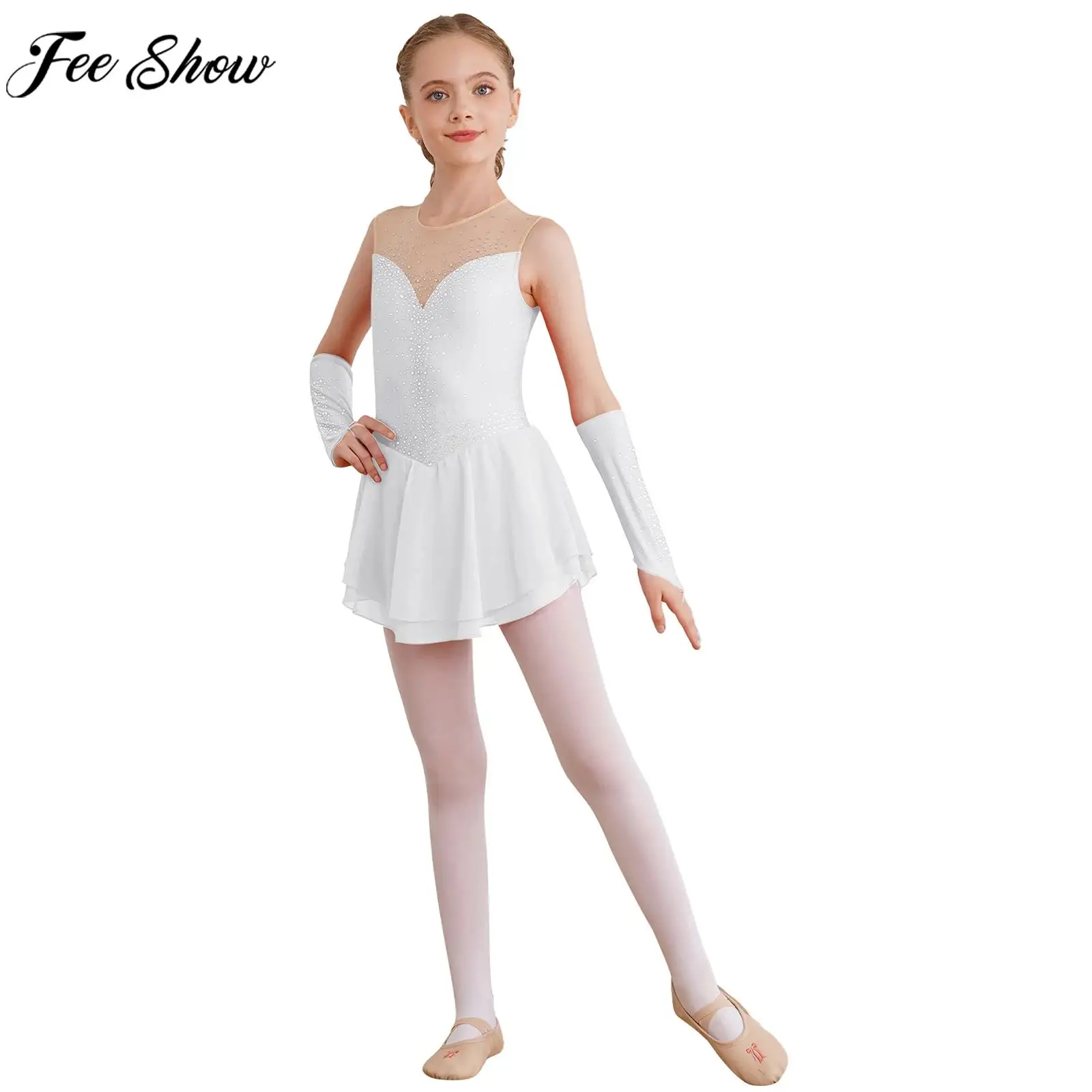 Children Girls Figure Skating Dress Ballet Rhythmic Gymnastics Lyrical Dance Costume Shiny Rhinestone Leotard Tutu with Gloves