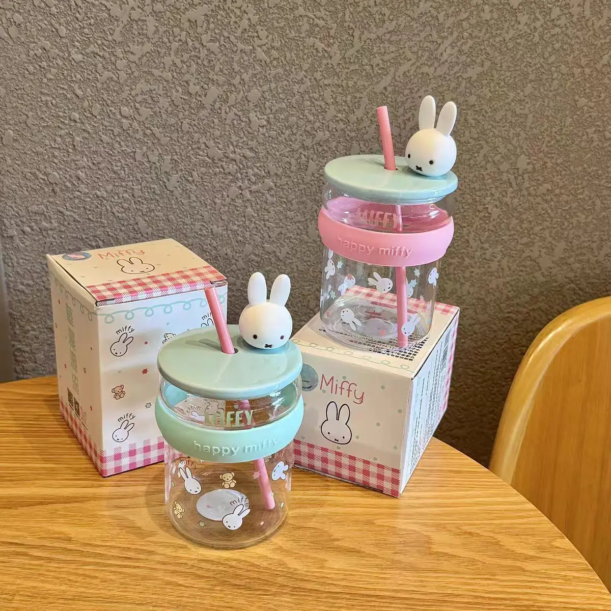 Cute Cartoon Miffy Glass Straw Water Cup with Lid Good Looks Office Coffee Cup Personal Use Exquisite Cup Send To Friends Lovely