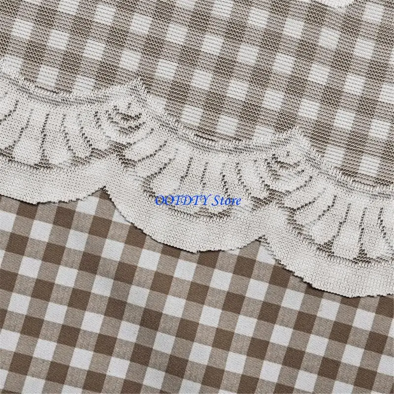 367A Light Filtering Short Curtain Panel with Rod Pocket and Gingham Trim for Kitchen, Bath and Cabinet Home Display