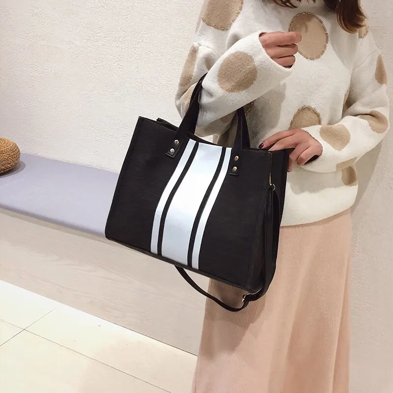 New Fashion Trend Patchwork Color Striped Canvas Handbag Casual Large Capacity Single Shoulder Crossbody Bag For Women