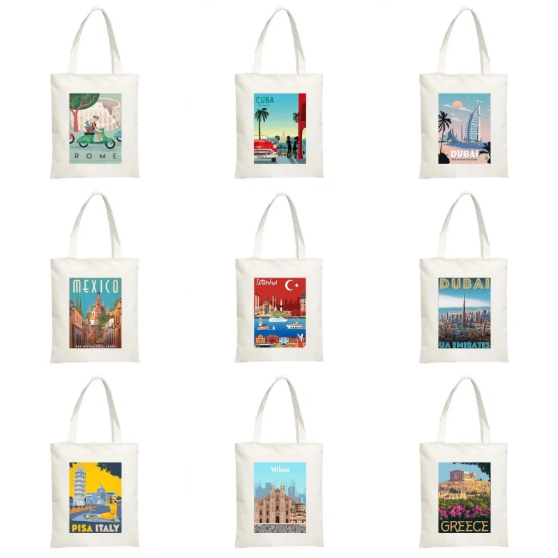 Fashion Printed Paris Tokyo Women's Travel City Handheld Shoulder Bag Shoulder Shopping Bag