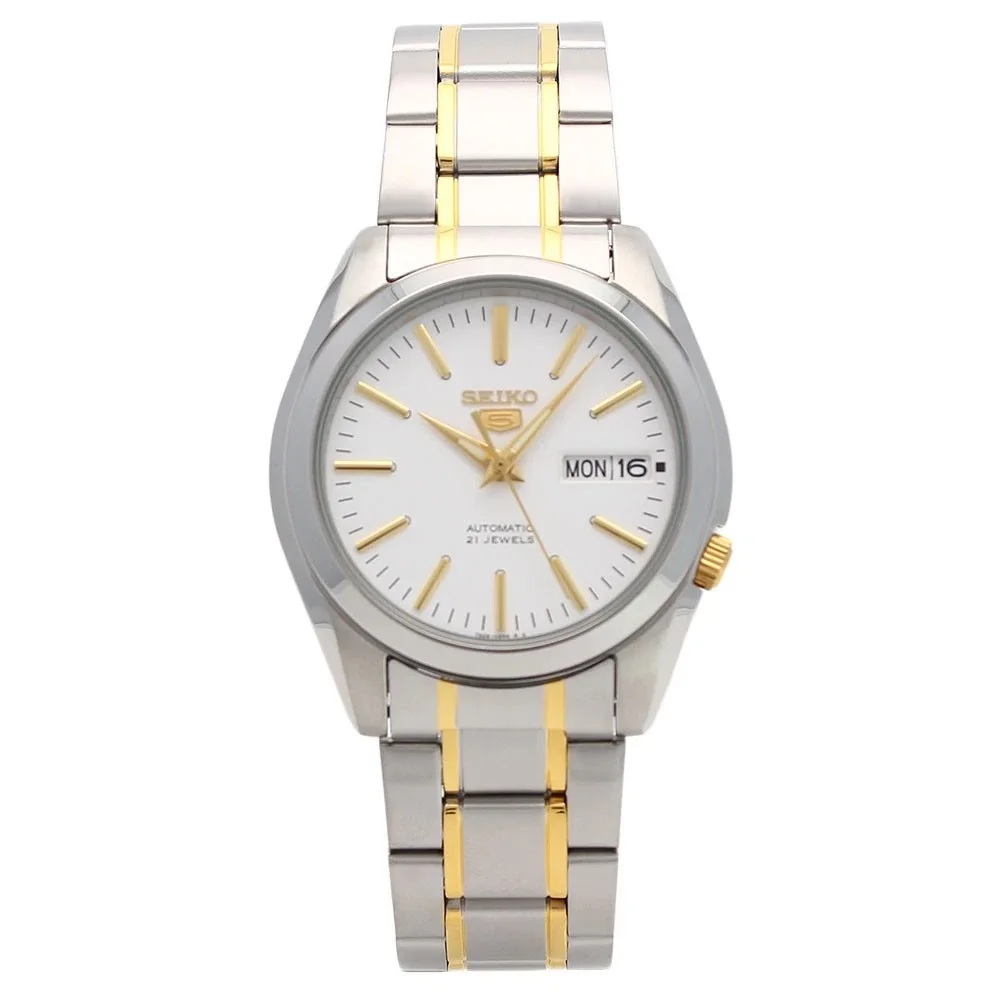 Reloj Automático Unisex SEIKO SNKL47K1 para Hombre, Esfera Blanca de 38 mm, Brazalete de Acero de Dos Tonos, Resistente al Agua 30 m, Luminoso, para Negocios y Vestir