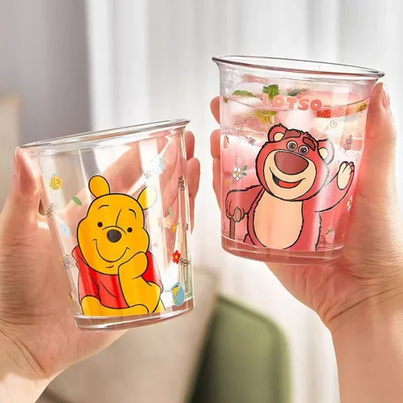 Disney-taza de agua de cristal multifuncional para el hogar, vaso creativo con patrón de dibujos animados, Winnie the Pooh, Lotso, Mickey, Minnie, Pato Donald, Daisy