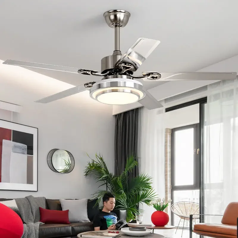 Modern LED Stainless Steel Ceiling Fan Living Dining Room Fan Pendant Lamp Integrated Home Decor Household Fan Ventilator