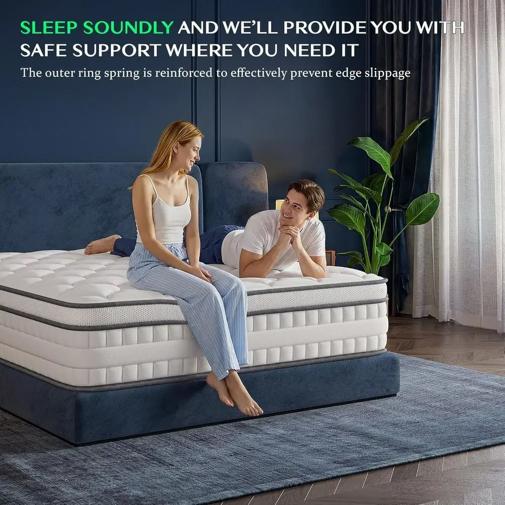 King Size Mattress,14Inch Mattress in a Box Memory Foam & Pocket Coils Springs,Motion Isolation Design,Breathable, White