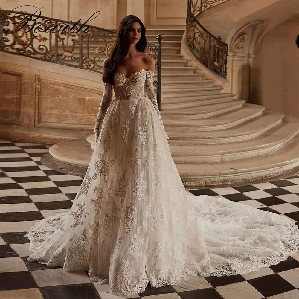 

Bowith Chapel Train Lace Wedding Dresses Sweetheart Off the Shoulder Long Sleeves Bridal Gown Customized vestidos de novia