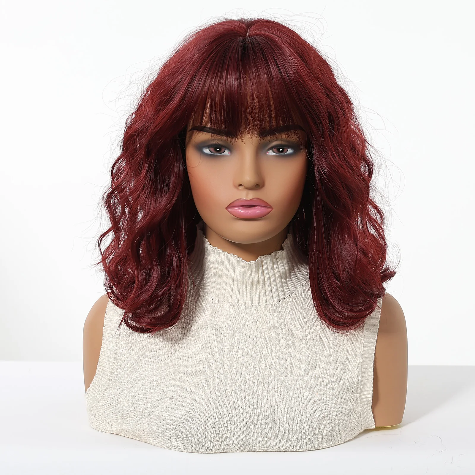 14  Inches Dark Red Short Wavy Fashion Synthetic Cosplay Wigs For Women Daily Party Use Heat Resistant Fiber Natural Looking