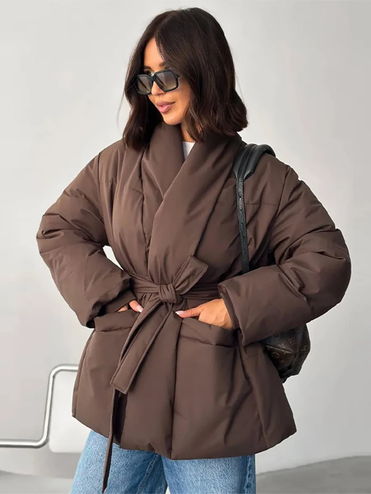 

Fashion Lace Up Padded Jacket Women's Long Sleeve V-neck Solid Pocket Cotton Coat 2025 Winter New Lady Casual Commute Outerwear