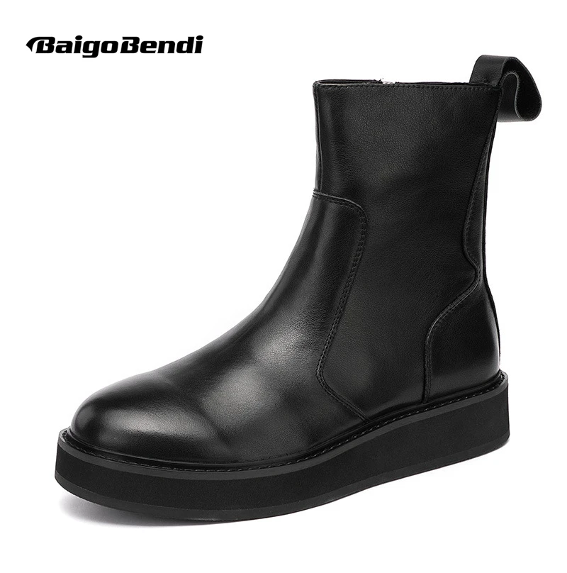 

Korean Version Trend Soft Leather Ankle Boots Men's Round Head Zipper High-top Concise Motorcycle Shoes Cool Man