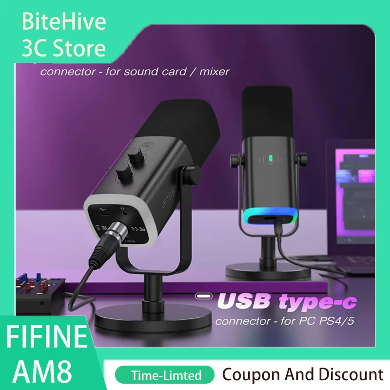 FIFINE AM8 Dynamic Microphone with USB XLR Touch Mute Button Type-C RGB 3.5mm Headphone Jack 48kHz DC 5V 200mAh I/O Controls