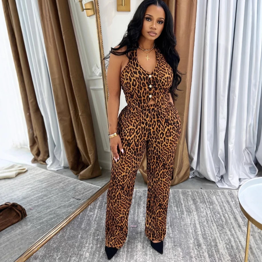 

Pant Set Women Two Piece Sets Leopard Print Halter Y2k Streetwear Casual Short Tops Sexy Wide Leg Long Pants High Waist Summer