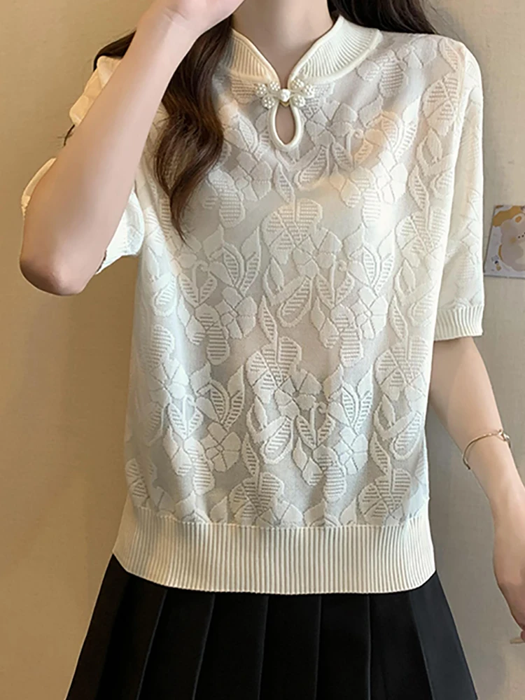 Women's Knitting Black T Shirt Hollow Out Chinese Style Tee Shirt Femme Stand Neck Loose Thin Tshirts Summer New Tops T-shirt