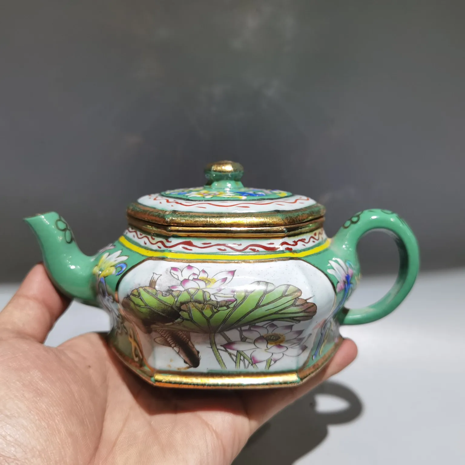 Old Chinese Handcraft Enameled  YiXing Zi Sha Clay Teapot,Six-sided cloisonné enamel teapot,with mark,Free shipping