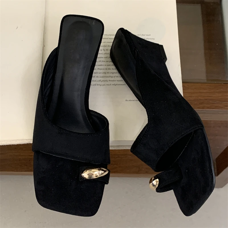 

Eilyken Designer Hollow Out Metal Decoration Square Clip Toe Slippers Women Wedges Heels Shoes Summer Zapatos De Mujer