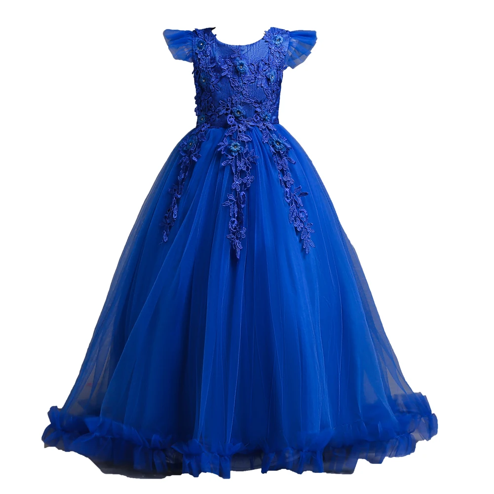 Blue New Girl Flower Elegant Long Dress FOR 4 to 14 years Children\'s Ball Embroidered Princess Dress