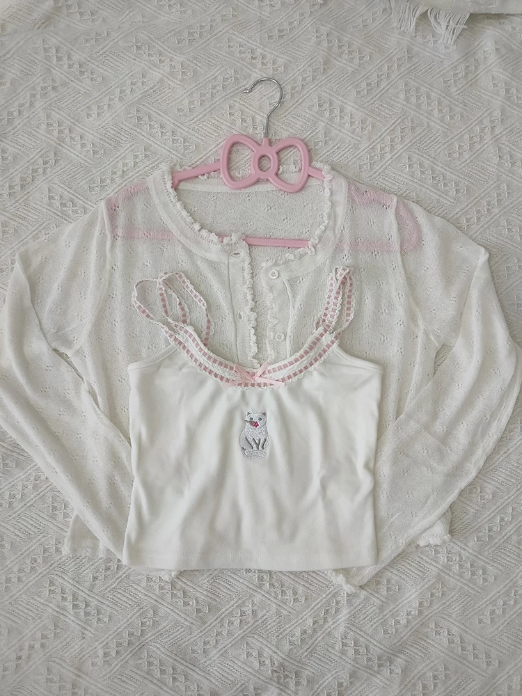 Cute 2 Piece Tops Women Cardigans and Crop Tops for Sweet Girls Cute Heart Shaped Tops Cat Cropped Kawaii Clothes