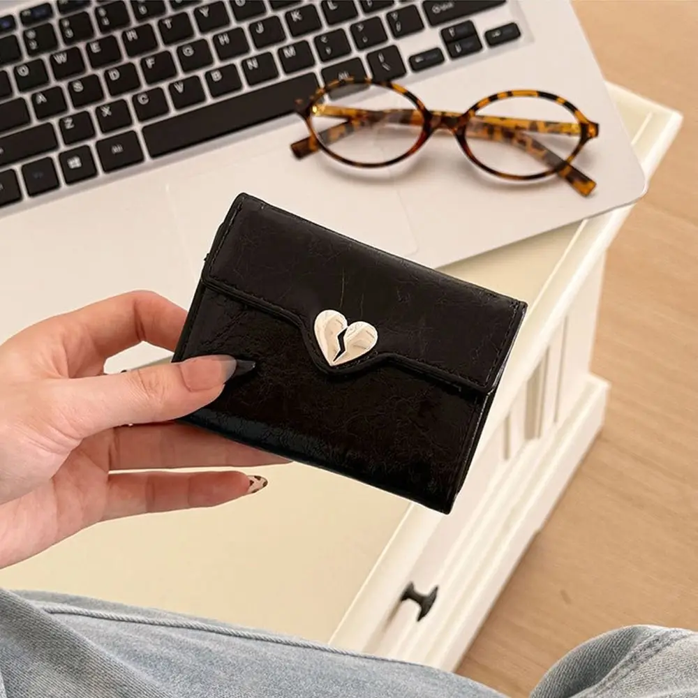 Dompet Hati Retak Korea Portabel Dompet Kulit Wanita Pendek Kualitas Tinggi Dompet Pelajar Kulit PU Lipat Anak Perempuan