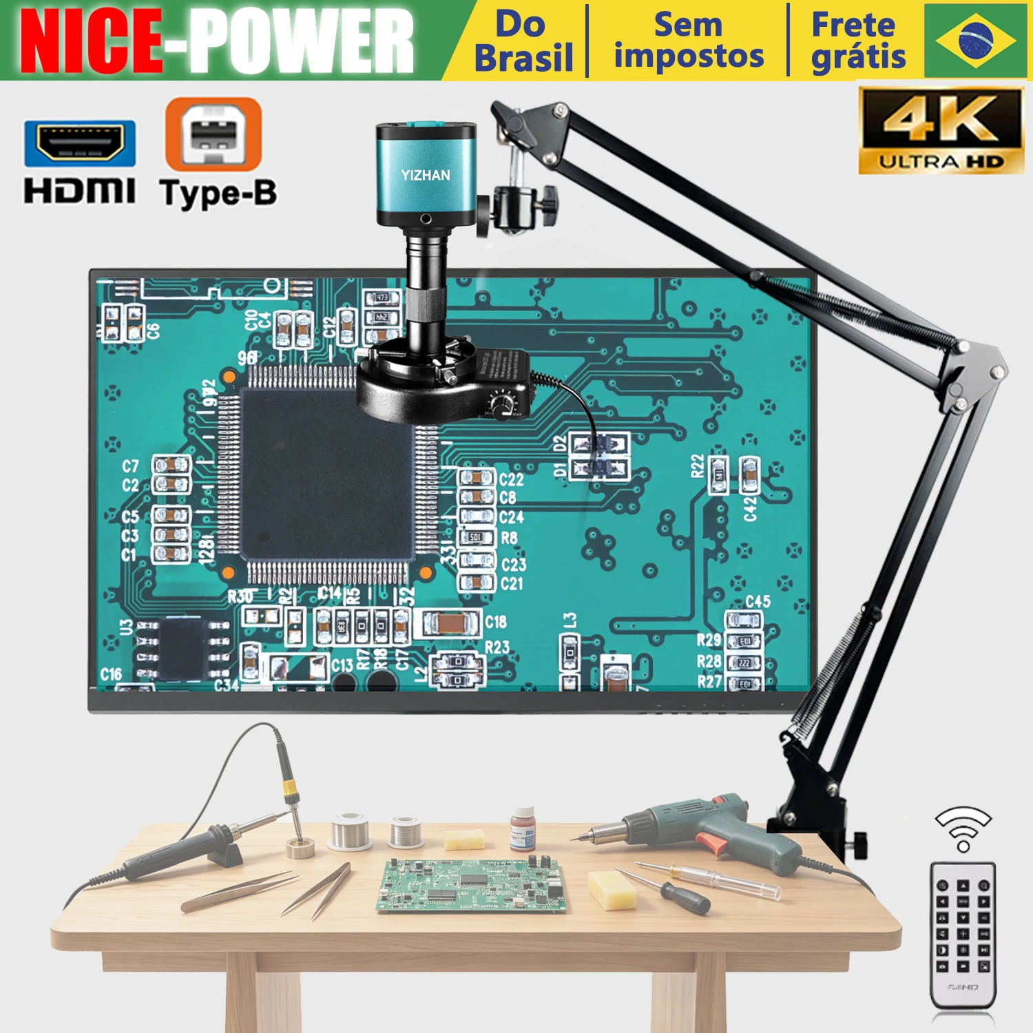 Microscópio Digital 4K YIZHAN, Conjunto de Do Brasil, Câmera de Microscópio Industrial IMX327 para Soldagem ou Inspeção de PCB, Microscópio de Joias 1080P, Sem impostos
