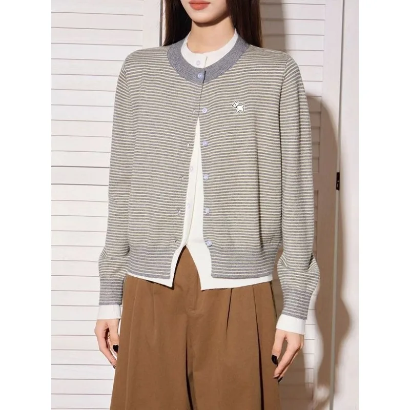 

Американский серый полосатый искусственный двухсекционный вязаный кардиган с длинными рукавами для женщин, осенне-зимнее базовое пальто, топ
