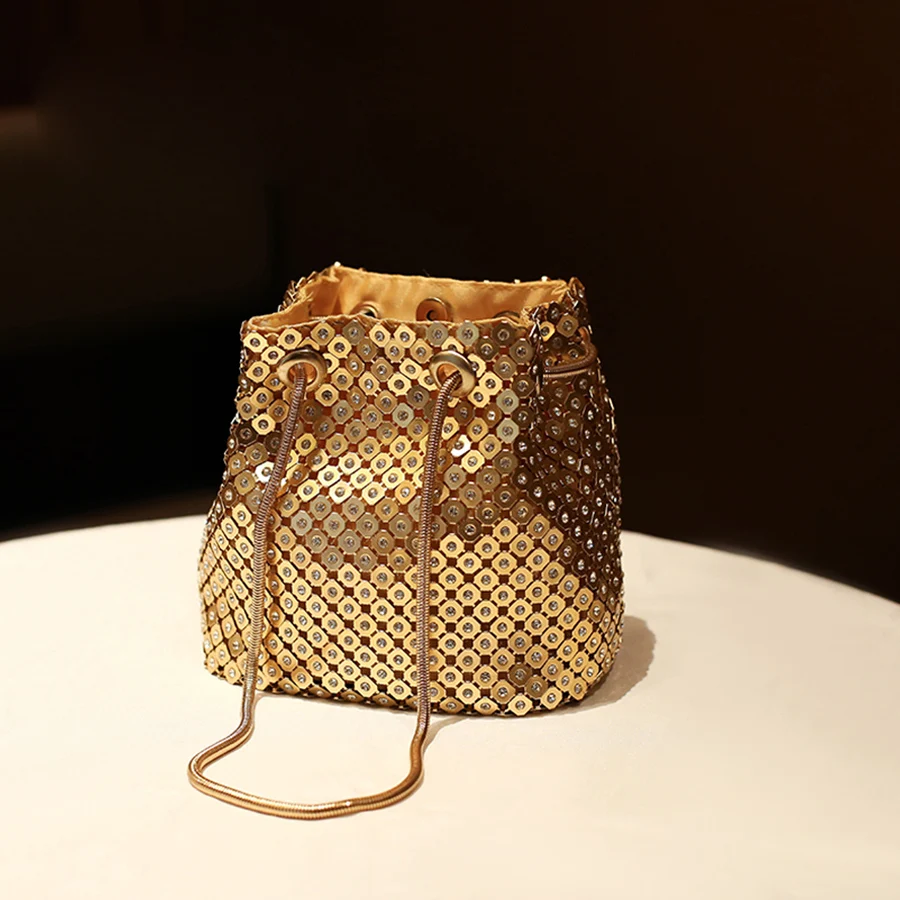 Summer women\'s full diamond bucket bag chains single shoulder crossbody bags party dinner bag drawstring beading female handbags