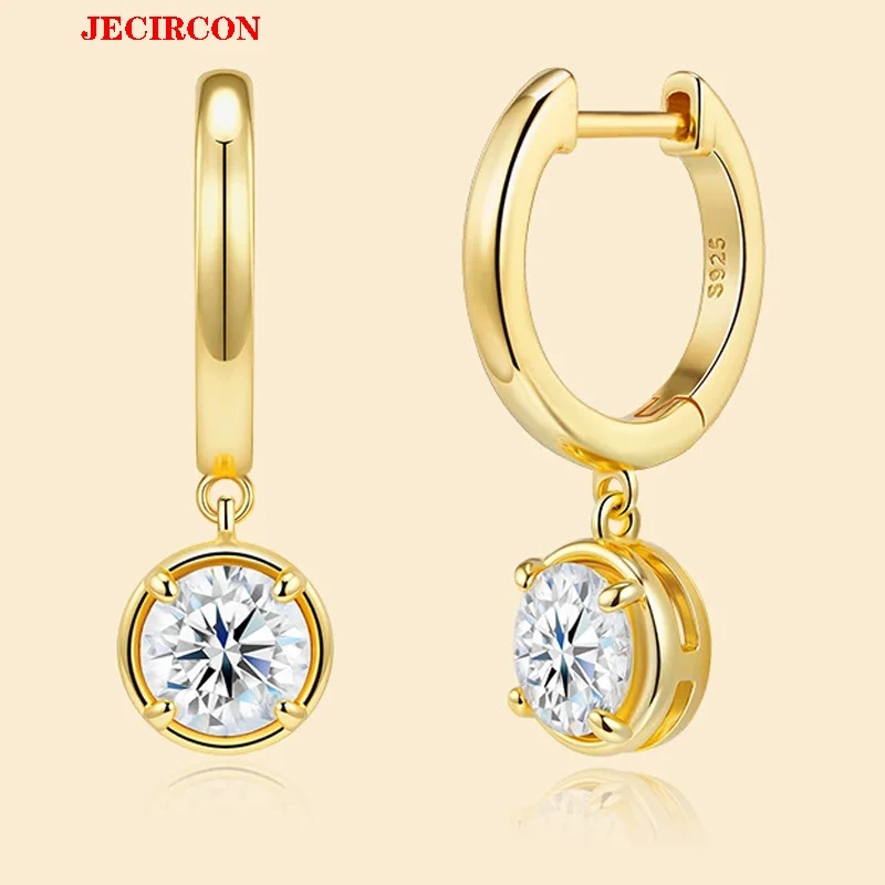 

JECIRCON S925 Sterling Silver Moissanite Drop Earrings 1CT Simple Round Pendants Golden Ladylike Temperament Not Fading Jewelry