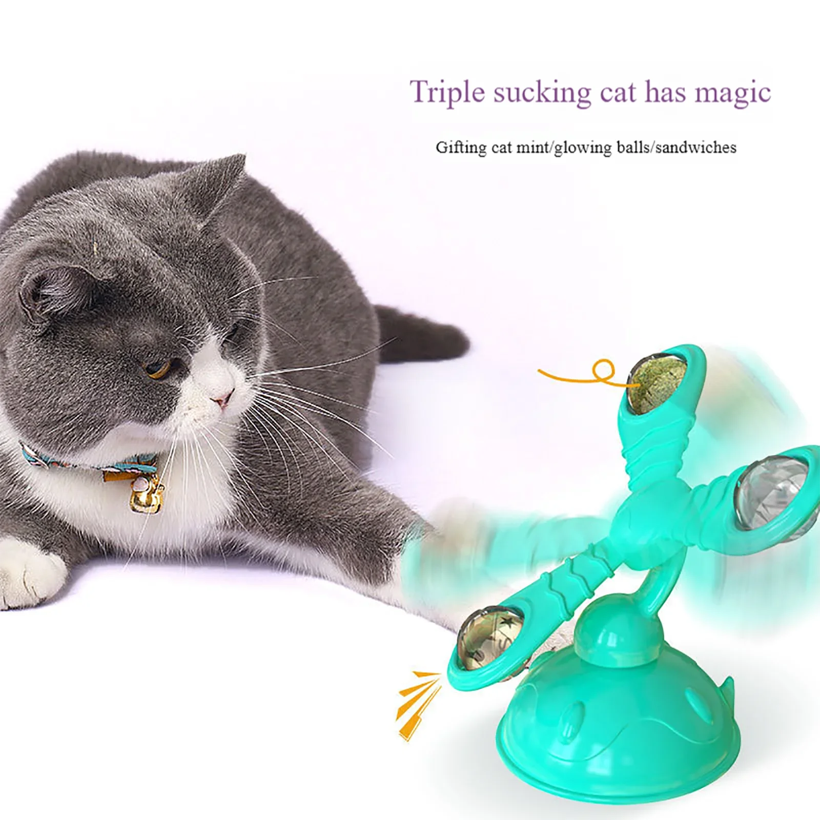 

Windmill Cat Toys Interactive Cat Toy Rotate Leak Food Cat Toy with Suction Cup Installable Catnip LED Light Ball Bell Pet Toys