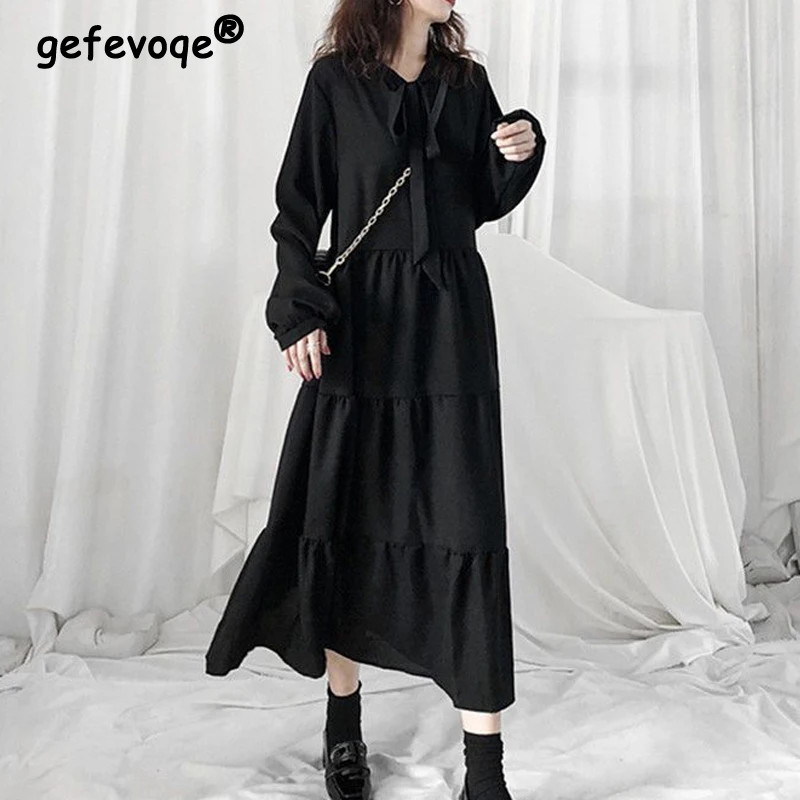 

Women's Ruffle Bow Vintage Harajuku Streetwear Chic Midi Dress Spring Autumn Fashion Black Long Sleeve Loose Party Dresses Robe