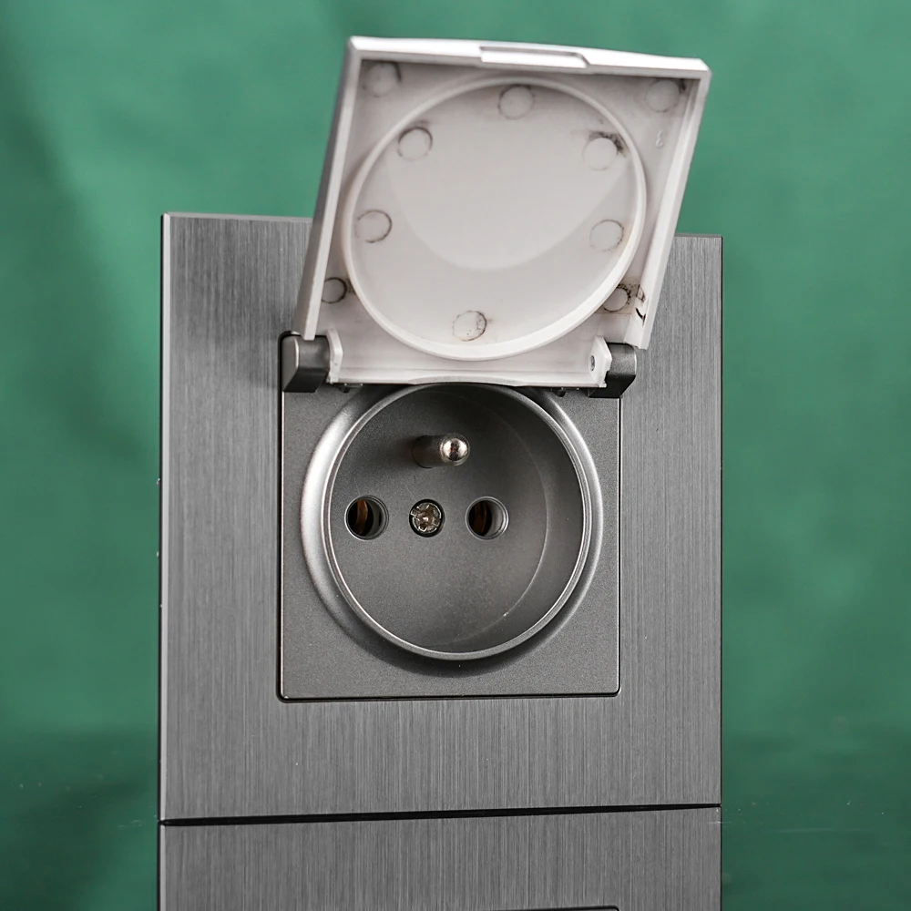 

European standard aluminum brushed panel French socket with cover 16A wall socket 110-250V