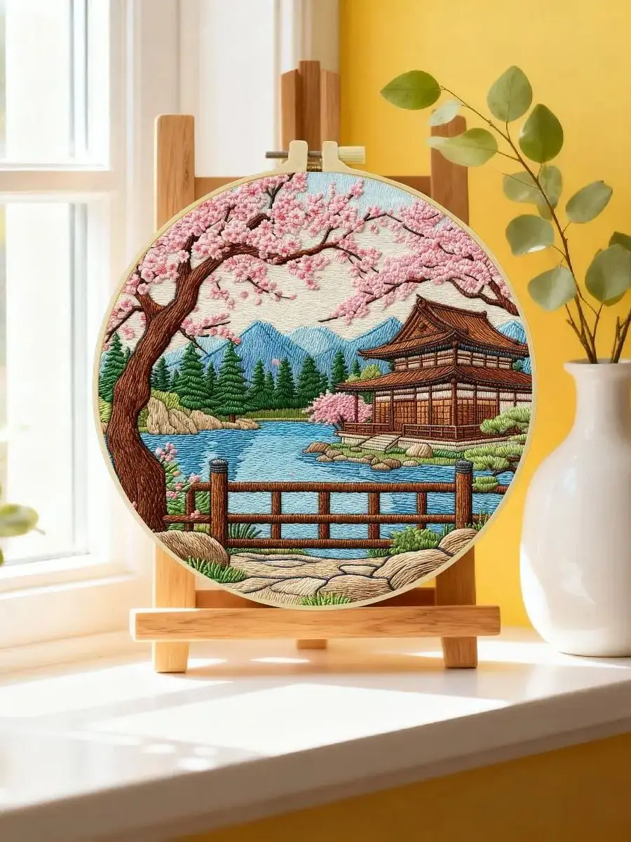 1 Stück 20X20CM/15X15CM 7,87/6,3 Zoll Landschafts-Stickerei-Starter-Kit DIY-Kit DIY-Stickerei-Set Handarbeiten Nadelkunst Nähkunst – Detail 6