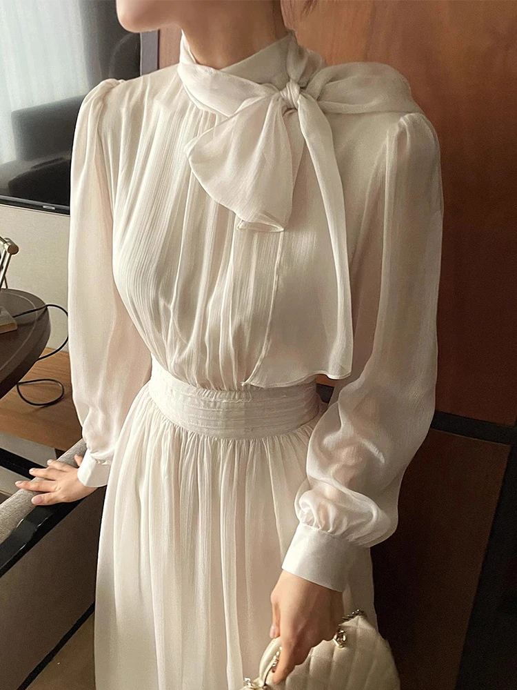Elegant Spring Chic Stand Collar Sash  Knot Long Sleeve Chiffon Dress Slimming Waist High Waist Commute Style