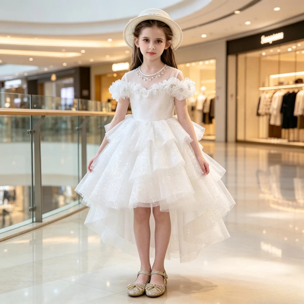 2026 New Children White Floral Girls Princess Gown Wedding Flower Girl KidsPerformance Costume Runway Birthday Tutu Host Piano