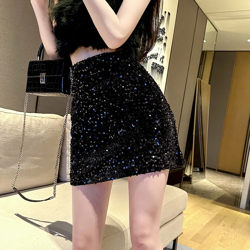 Shiny Sequin Short Wrap Bodycon Skirt High Waist Slim Fit A-Line  Skirt Pure Desire Style Casual Leisure Half Body Skirt