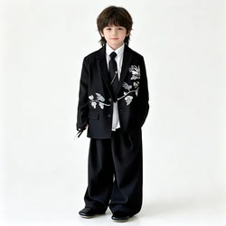 Teens Boys Black Floral Embroidery Suit Set Blazer Pants Formal Outfit for Wedding Party School Performance Catwalk 2-13 Years