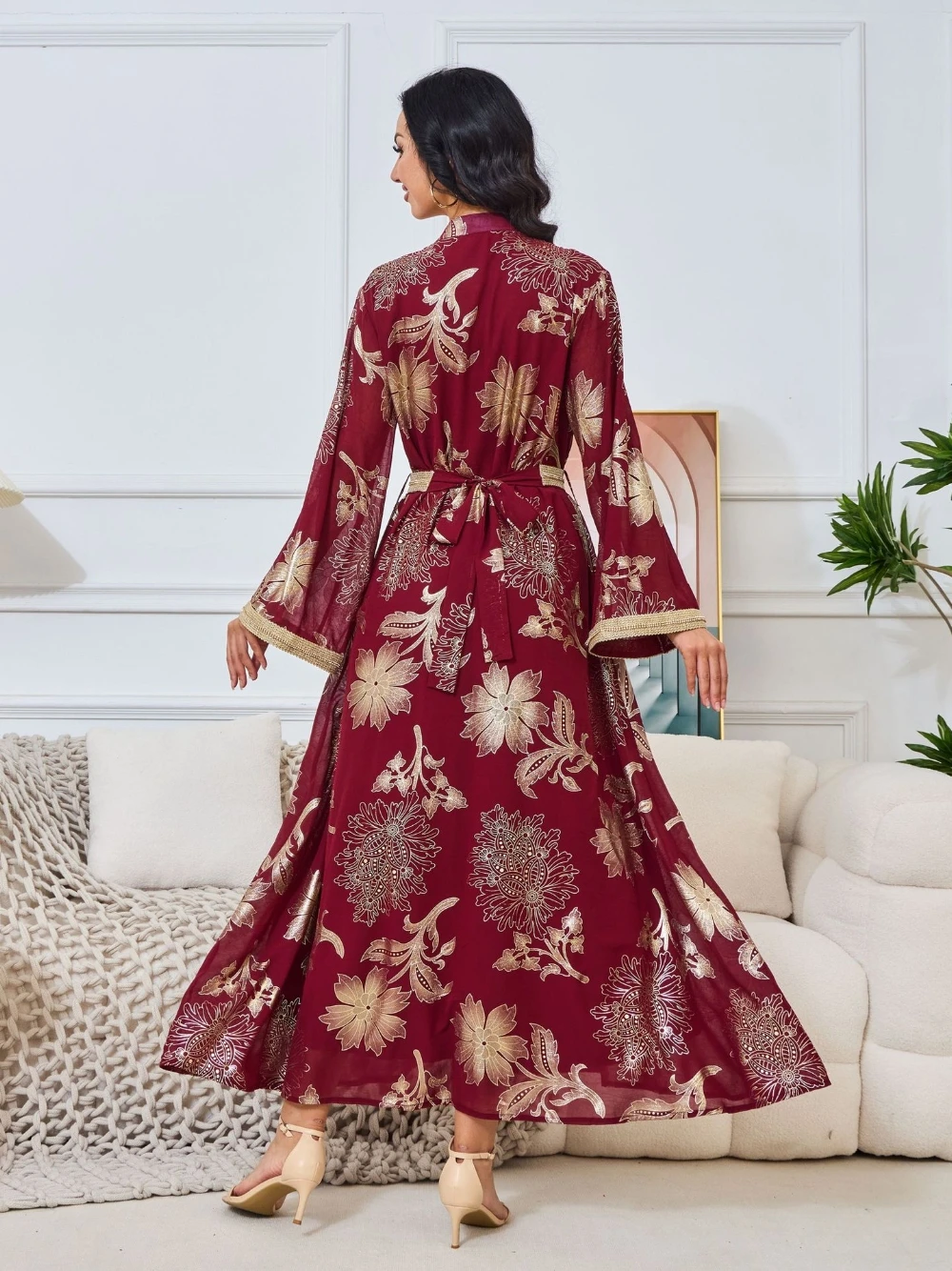 فستان سهرة طويل مريح من الشيفون للنساء المسلمات باللون العنابي مع تطريز زهور ذهبية وأكمام طويلة مقاس كبير ملابس الحفلات #6